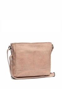 Borsa a tracolla in pelle rosa chiaro con una texture liscia, forma rettangolare, tracolla regolabile e chiusura superiore con zip. Design minimalista.