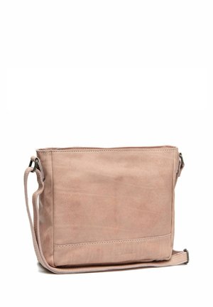 Borsa a tracolla in pelle rosa chiaro con una texture liscia, forma rettangolare, tracolla regolabile e chiusura superiore con zip. Design minimalista.