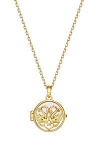 Gold necklace with a round pendant featuring two swans and a heart design. Chain has interlocking links, and the pendant has a polished finish.