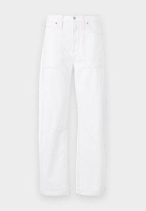 White denim pants with straight leg design, contrasting orange stitching, five pockets, and a button and zipper closure.