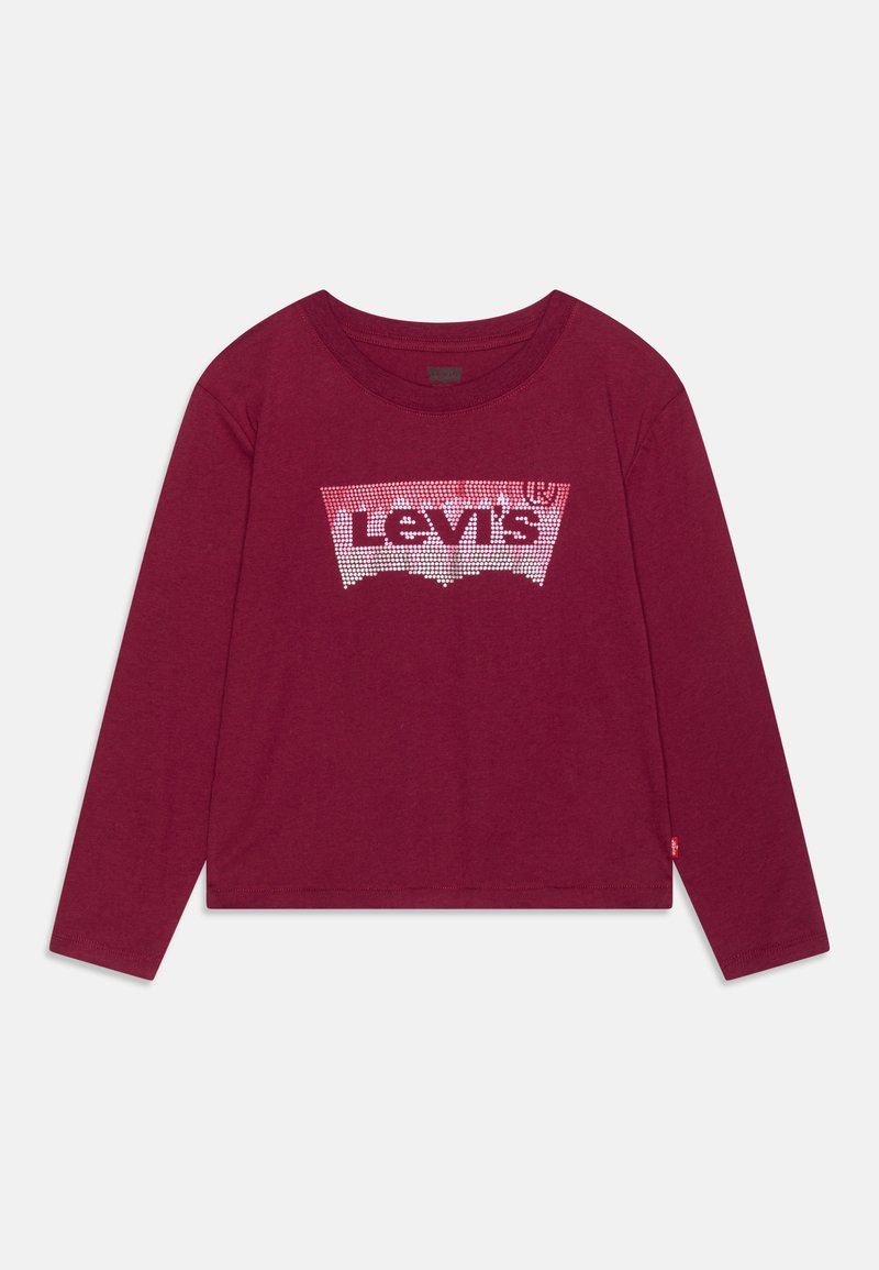 Burgunderfarbene Langarm-T-Shirt aus weicher Baumwolle mit einem weißen Strass-Levi's-Logo-Logo. Lockere Passform mit einem weiten Ausschnitt und geradem Saum.