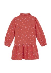 Červené šaty s dlouhými rukávy, květinovým vzorem v růžové a bílé barvě, plisovaným lemem a límečkem. Vyrobeno z lehké látky.