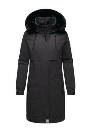 Black parka jacket with a faux fur-lined hood, zipper front, two front pockets, adjustable drawstrings, and a logo detail on the chest.