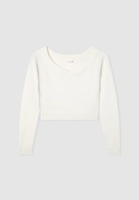 Maglione bianco corto con scollatura a V ampia, polsini e orlo a costine. Realizzato in materiale morbido con una texture liscia. Design semplice, senza motivi.