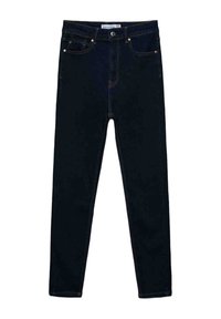 Dark-wash skinny jeans made from denim, featuring a mid-rise waist, front pocket stitching, and light copper hardware accents.