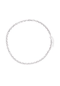 Collana in metallo argentato con anelli interconnessi, dotata di chiusura e catena regolabile per una vestibilità personalizzata. Superficie liscia e lucida.