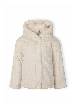 Kremowa kurtka z sztucznego futra z kapturem, z długimi rękawami i zapięciem z przodu, oferująca miękką teksturę i ciepło.
