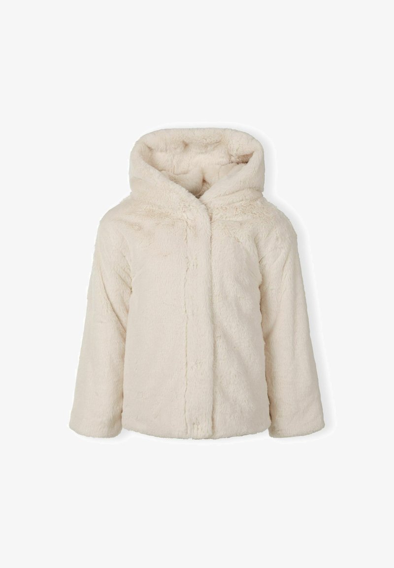Kremowa kurtka z sztucznego futra z kapturem, z długimi rękawami i zapięciem z przodu, oferująca miękką teksturę i ciepło.