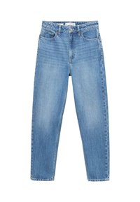 Jean denim bleu clair à coupe droite avec taille haute, poches avant, passants pour ceinture et fermeture par bouton.