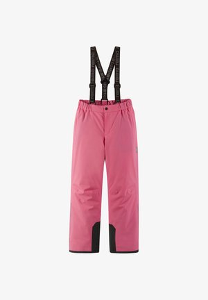 Różowe spodnie narciarskie z regulowanymi czarnymi szelkami, elastycznym pasem i wzmocnionymi czarnymi akcentami na kostkach. Materiał wodoodporny.