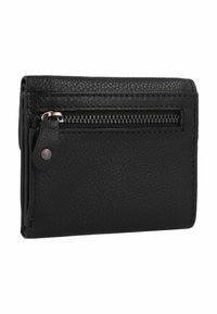 Black leather wallet with a textured finish, featuring a front zipper pocket and a snap button on the side for added storage.