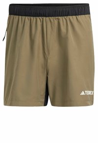 Bermudas caqui con una cinturilla elástica negra, bolsillo lateral y la marca "TERREX" en blanco en la parte inferior de la pierna derecha. Tejido suave y ligero.