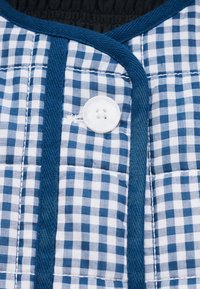 Ύφασμα με μπλε και άσπρο καρό σχέδιο, με ένα λευκό κουμπί τεσσάρων τρυπών και σκούρο μπλε περιθώριο κατά μήκος της ραφής.