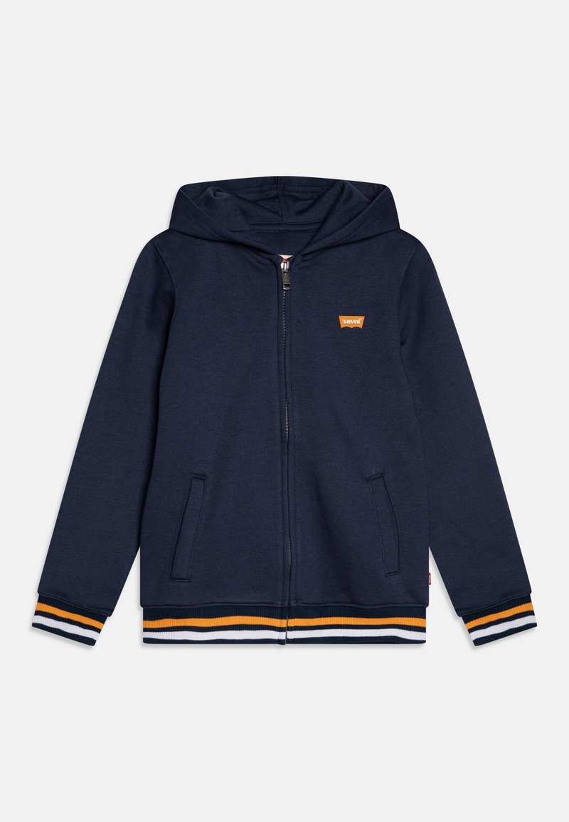 Marineblauwe zip-up hoodie, van een katoenmix, met een capuchon, twee voorzakken en gestreepte manchetten in oranje, wit en marineblauw. Klein logo-opdruk op de borst.