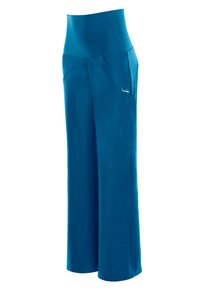 Plati kelnes ryškiai žalsvai mėlynos spalvos audinyje, su aukštu liemeniu, dviem šoniniais kišenėmis ir nedideliu logotipo elementu. Sklandi tekstūra.