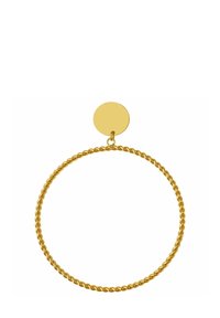 Gold hoop earring with a twisted design and a smooth circular accent at the top. Metallic finish with a polished texture.