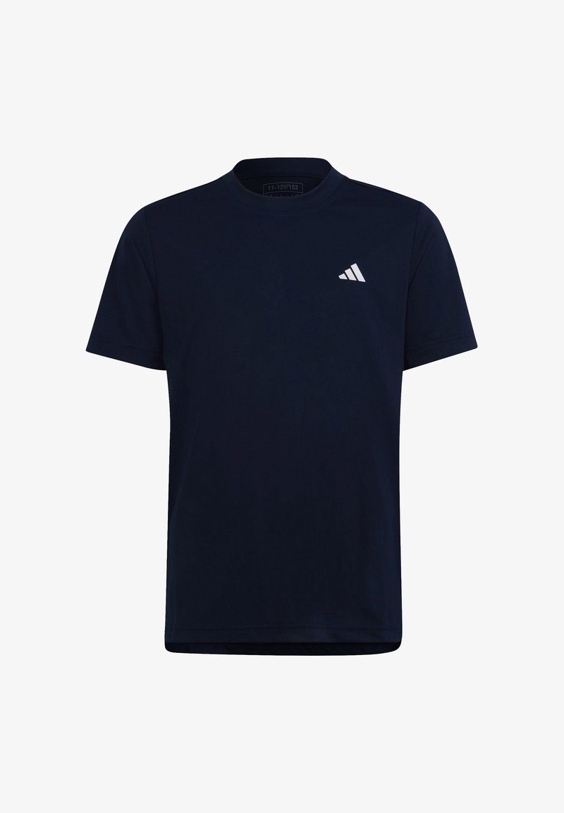 Marinblå kortärmad t-shirt i mjukt tyg, med en vit adidas-logga på övre vänstra bröstet och rund halsringning.