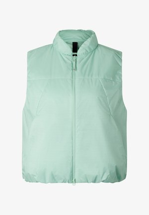 Doudoune sans manches vert clair avec fermeture éclair frontale et col montant, conçue pour la chaleur et une tenue décontractée.