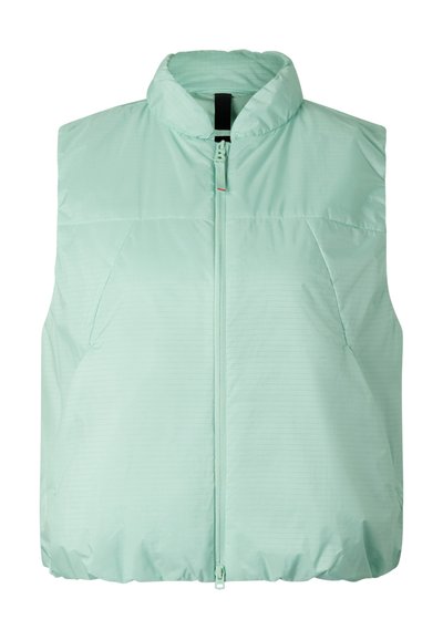 Lysegrøn ermeløs dynevest med lynlås foran og opretstående krave, designet til varme og afslappet brug.
