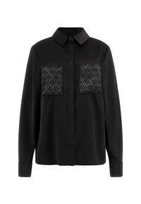 Zwarte shirt met een klassieke kraag en lange mouwen. Voorzien van twee decoratieve voorkruiden met een patrooneaccent, gemaakt van gladde stof.