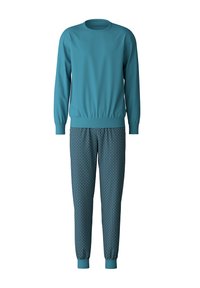 Teal sweatshirt met geribbelde manchetten en zoom, gecombineerd met een broek met een geprinte geometrische ontwerpen in tinten teal en wit.