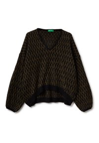 Sweter w serek w ciemnym brązie z teksturowanym wzorem. Luźny krój z obniżonymi ramionami oraz czarnymi prążkowanymi mankietami i dołem. Miękki materiał.