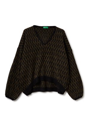 Donkerbruine V-halstrui met een gestructureerd patroon. Loose fit met verlaagde schouders en zwarte geribde manchetten en zoom. Zachte stof.