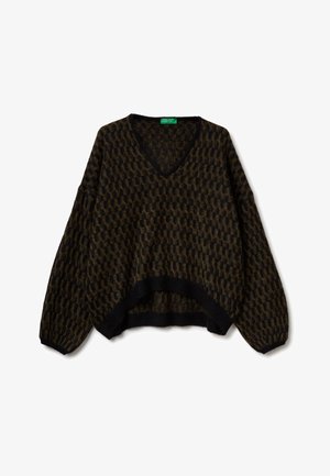 Donkerbruine V-halstrui met een gestructureerd patroon. Loose fit met verlaagde schouders en zwarte geribde manchetten en zoom. Zachte stof.