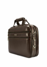 Brązowa skórzana teczka z dwoma górnymi uchwytami, dwoma przegródkami na zamek oraz metalowymi akcentami. Gładka faktura i przemyślana konstrukcja.