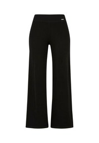 Weite schwarze Hose aus weichem Stoff mit glatter Textur. Verfügt über einen flachen Bund und minimalen Hardware-Details an der Seite.