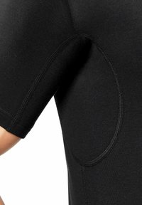 Black short-sleeve shirt with a smooth texture and rounded cutout detail under the sleeve. Features tight stitching at the seams.