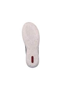 Semelle de chaussure en caoutchouc de couleur blanche avec une texture marbrée, présentant un motif de rainures pour l'adhérence et un logo de marque rouge au centre.