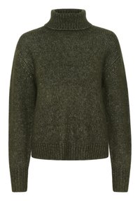 Pull en maille vert foncé avec un col montant, présentant une coupe légèrement ample, des poignets et un ourlet côtelés, mettant en avant un tissu textured.