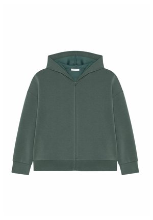 Donkergroene hoodie, gemaakt van zacht materiaal. Voorzien van een rits aan de voorkant en een oversized pasvorm met brede mouwen. Geen patronen of accenten.
