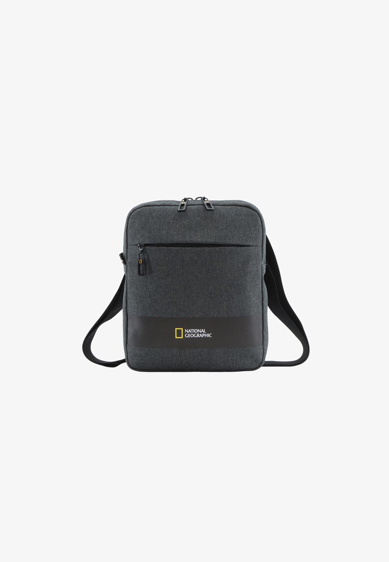 Gray fabric shoulder bag with a rectangular shape, two zipper compartments, and a yellow National Geographic logo on a black accent strip.