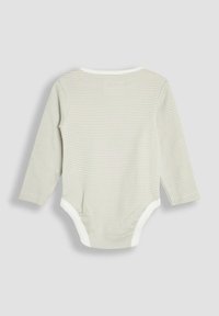 Hellgrüner langärmliger Baby-Body mit feinen weißen Streifen, rundem Ausschnitt und Druckknöpfen im Schritt. Aus weichem Baumwollmaterial.