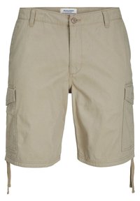 Beige cargo shorts valmistettu puuvillasta, joissa on sivutaskut, nappisuljenta ja naruhelma pituuden säätämiseksi.
