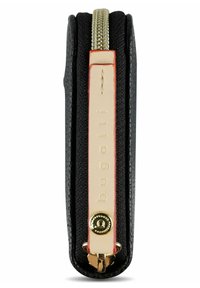 Portefeuille en cuir noir avec une fermeture éclair dorée, présentant un accent en cuir beige avec le logo "bugatti" embossé et une fermeture à bouton pression dorée.