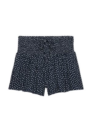 Short taille haute bleu marine avec petit motif floral blanc et ceinture smockée avec un nœud central à cordon.