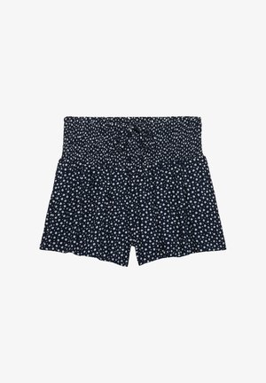 Short taille haute bleu marine avec petit motif floral blanc et ceinture smockée avec un nœud central à cordon.
