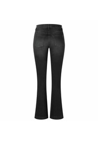 Svarte utsvingte jeans med midjehøyde, laget av denim, med baklommer og en glatt tekstur, designet med en tettsittende silhuett.