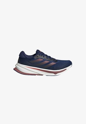 Running shoe featuring a navy mesh upper with three gray stripes. Contrasting white midsole and maroon outsole. Lightweight, cushioned design.