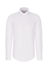 Chemise blanche à manches longues avec fermeture boutonnée sur le devant et col classique, présentée sur un fond blanc uni.