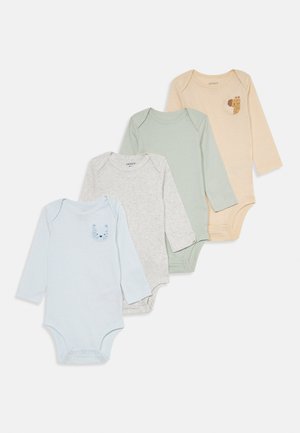 Four long-sleeve bodysuits: light blue with stripes and a cat design, grey, mint green, and a yellow striped bodysuit with an animal print.