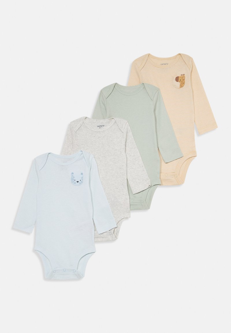 Quattro body a manica lunga: azzurro con righe e design di un gatto, grigio, verde menta e un body giallo a righe con stampa di animali.