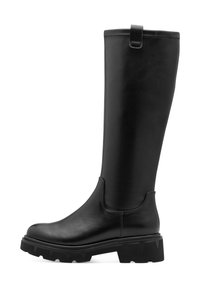 Black leather knee-high boot with a sleek design, rubber platform sole, and a pull tab at the top. Smooth texture with minimal stitching.
