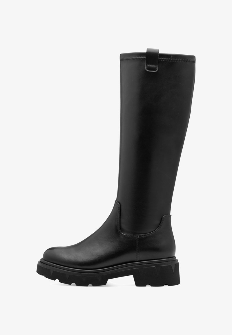 Black leather knee-high boot with a sleek design, rubber platform sole, and a pull tab at the top. Smooth texture with minimal stitching.
