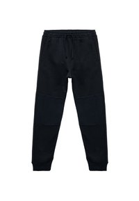 Sorte joggebukser lavet af blødt stof, med snøre i taljen, ribbede knædetaljer og tætsiddende ankelsluttere for en god pasform.