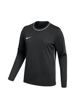 Schwarzes Sportshirt mit langen Ärmeln, weißem Nike-Logo auf der Brust und weißem Besatz am Kragen und an den Seiten.
