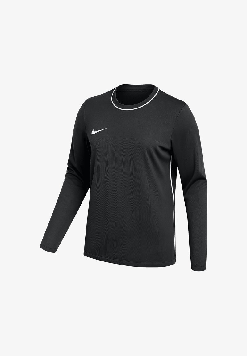 Schwarzes Sportshirt mit langen Ärmeln, weißem Nike-Logo auf der Brust und weißem Besatz am Kragen und an den Seiten.